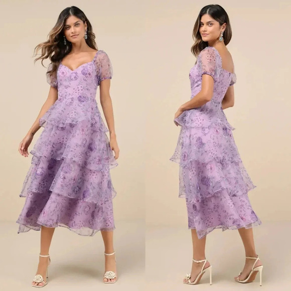 Lulu's Oh-So Stunning Purple Floral Organza Tiered Midi Dress S Wedding Party - Picture 1 of 10